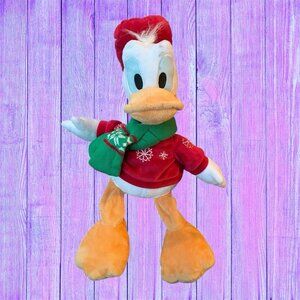 Disney Store Donald Holiday Christmas Plush 14”  Green Scarf Red Shirt Hat